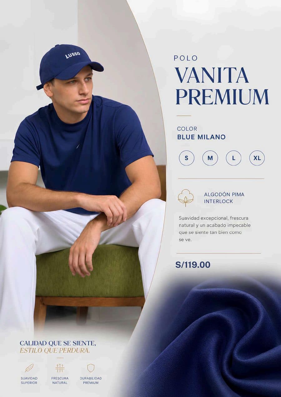 Camiseta Premium Blue Milano en el catálogo impreso