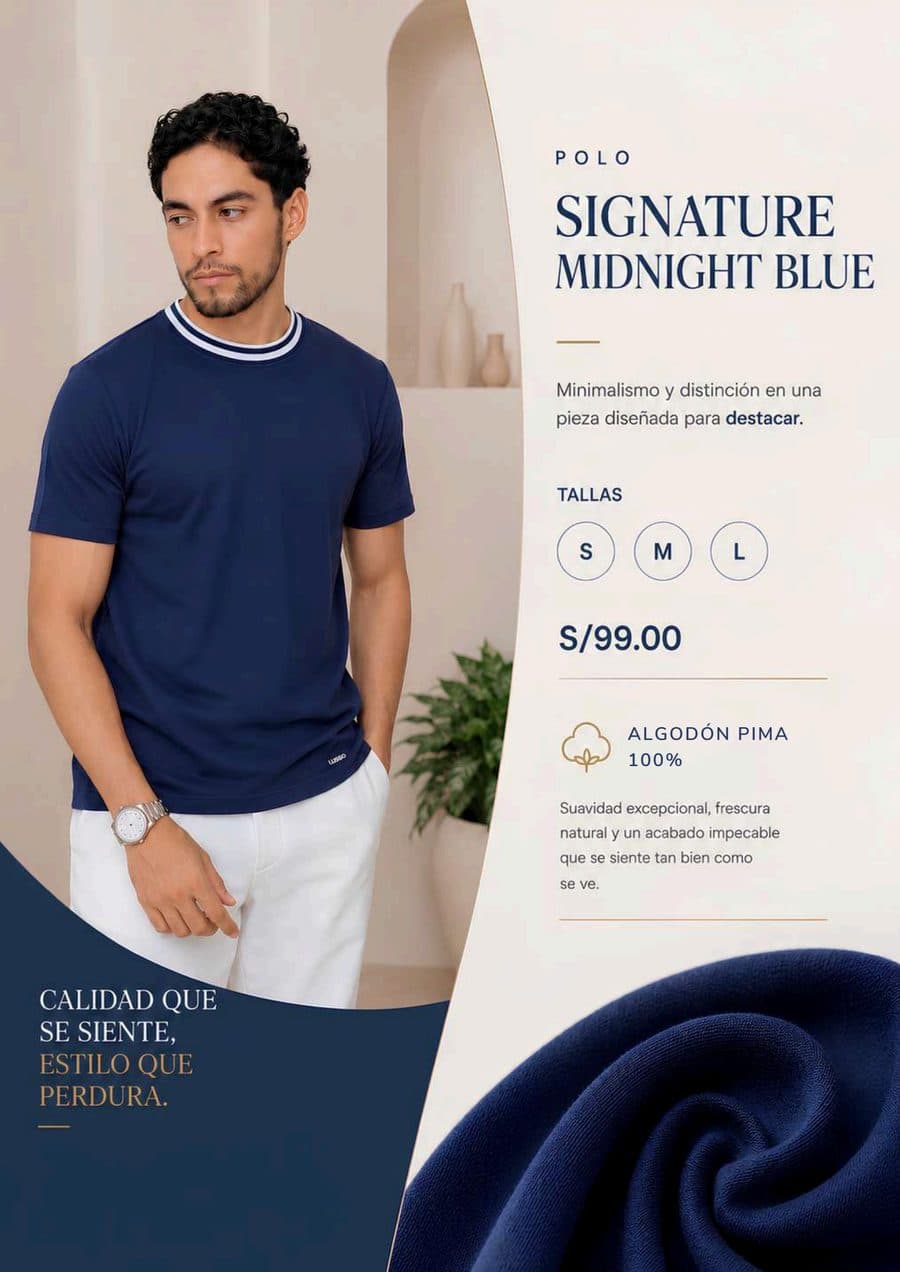 Camiseta Signature Midnight Blue en el catálogo impreso