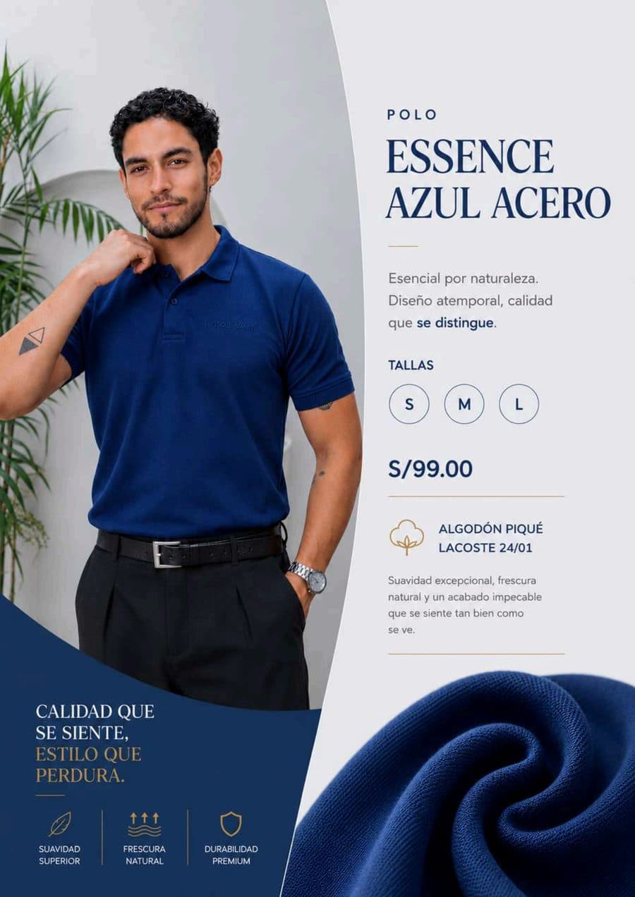 Polo Essence Azul Acero en el catálogo impreso