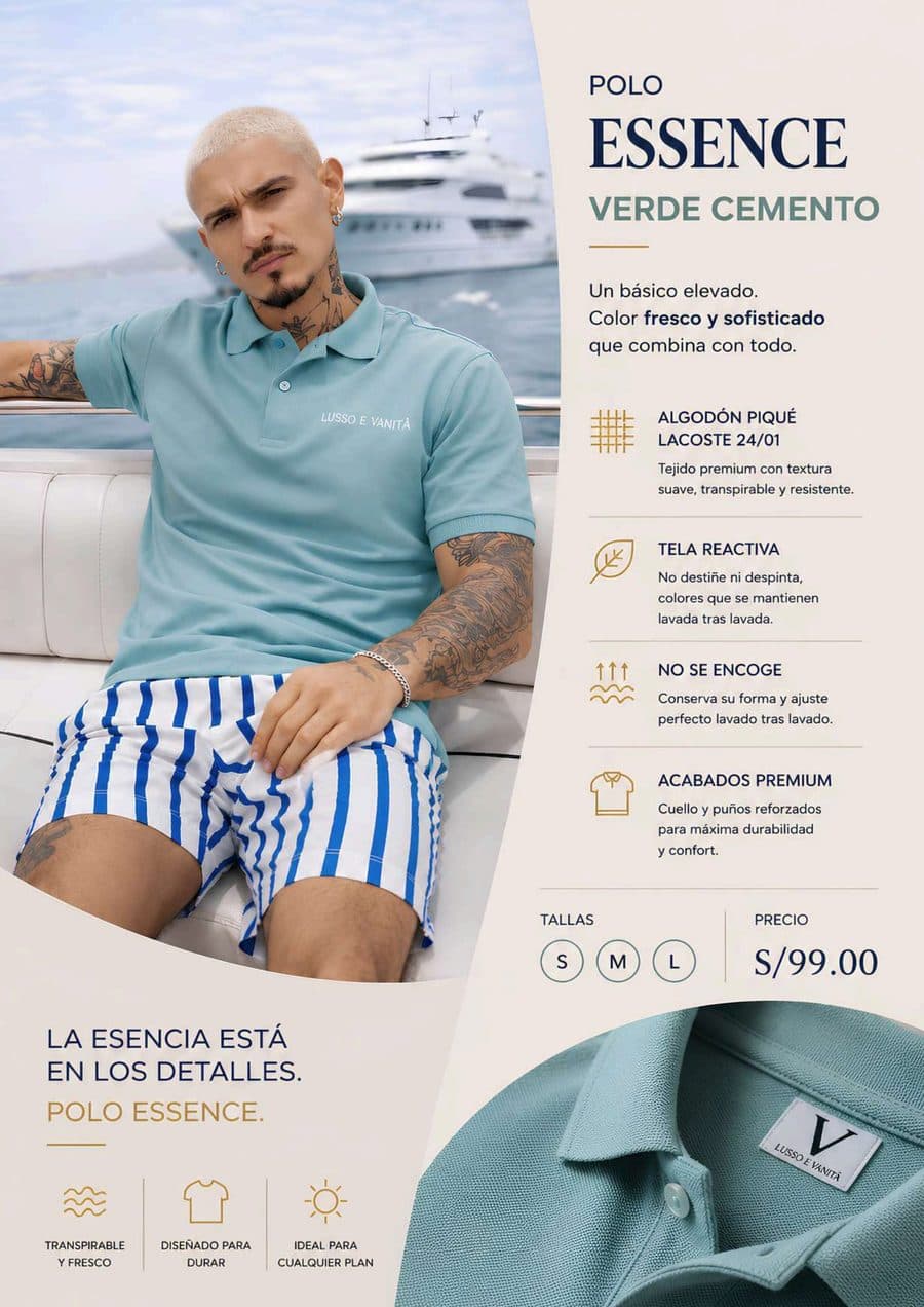 Polo Essence Verde Cemento en el catálogo impreso